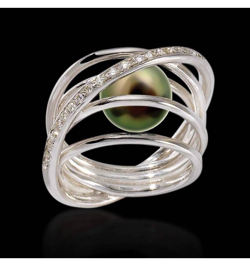 Bague de fiançailles perle Tahiti noire pavage diamant or blanc Cache Cache Bague de fiançailles perle Tahiti noire pavage diamant or blanc Cache Cache