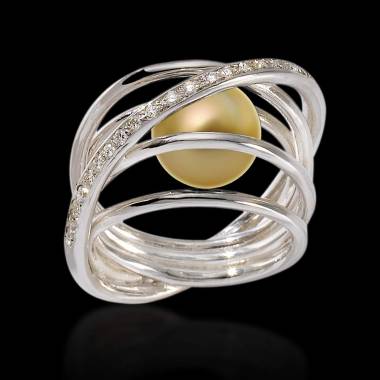 Bague de fiançailles perle gold pavage diamant en or blanc 18K Cache Cache