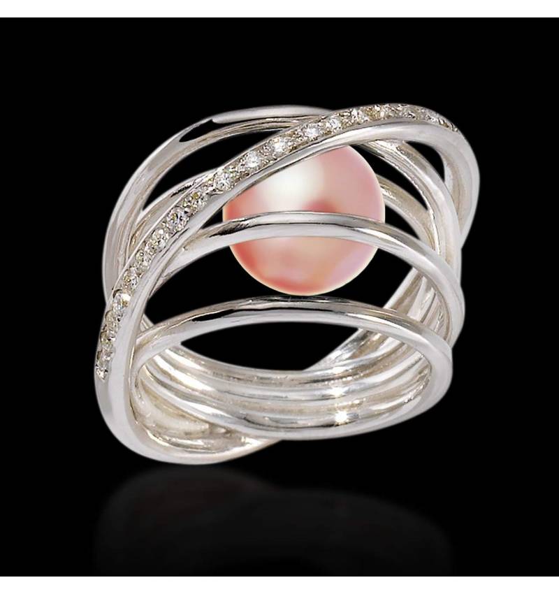 Bague de fiançailles perle rosée pavage diamant en or blanc 18 K Cache Cache