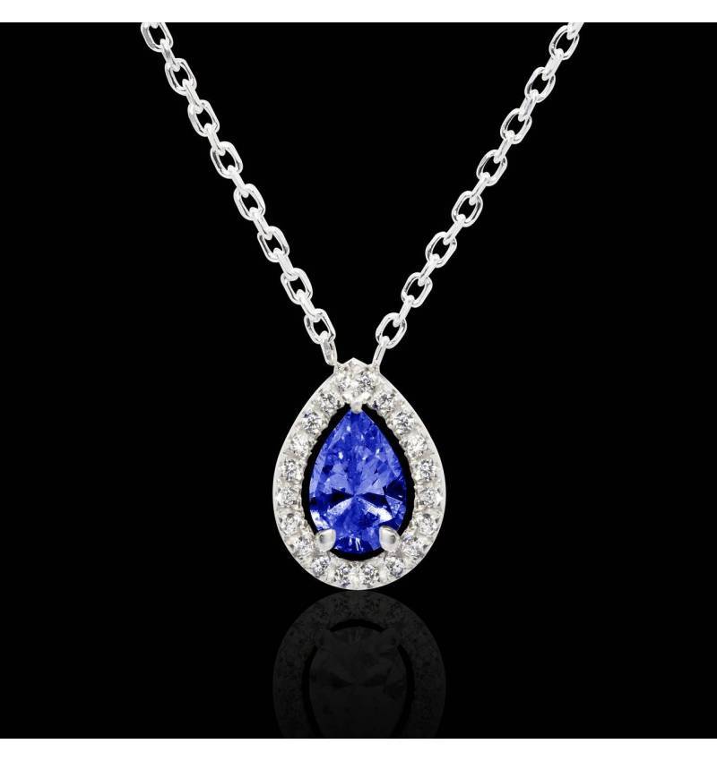 18" 14k or Blanc 3.85 cts créé Saphir Bleu Et Diamant Pendentif 