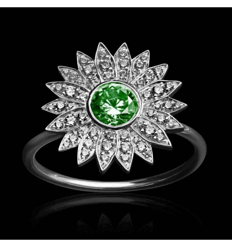 Bague émeraude-or blanc- pavage diamant-Marguerite